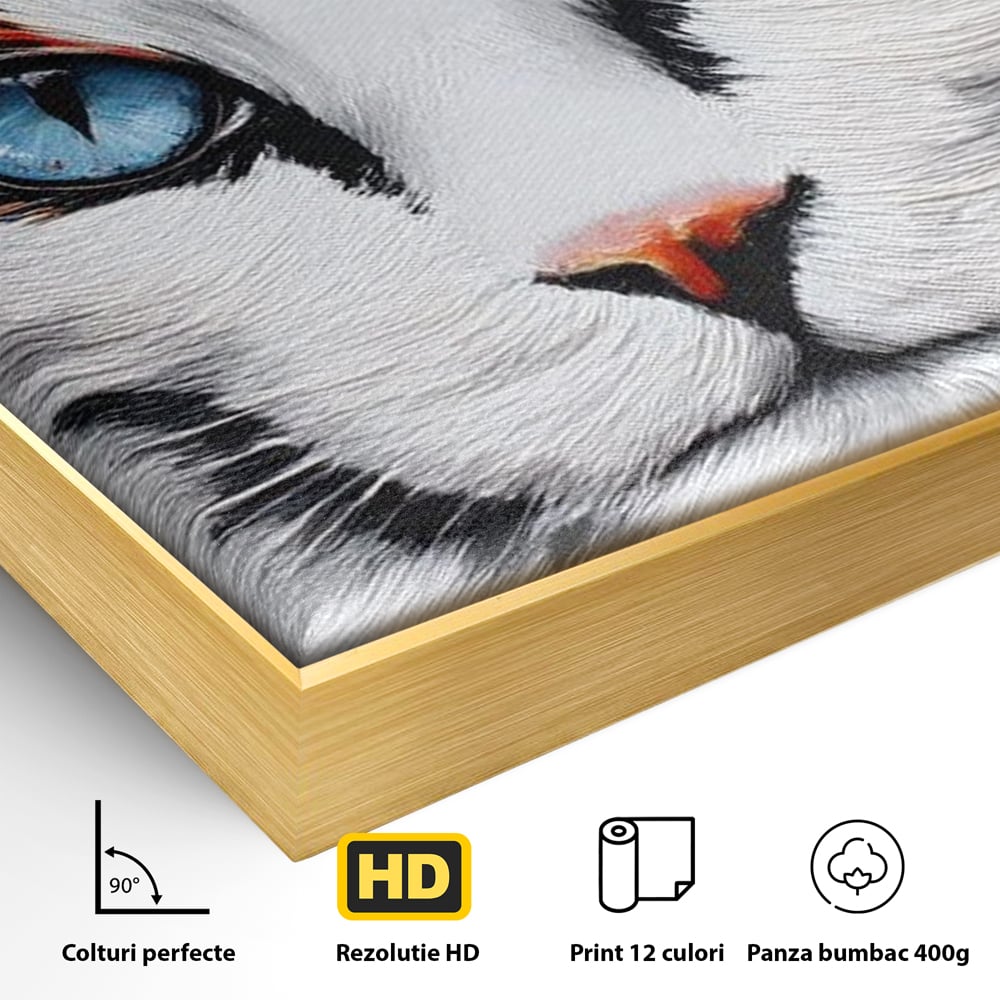 Detaliu al suprafetei: tablou canvas cu ochi de pisica, in rama de aluminiu auriu